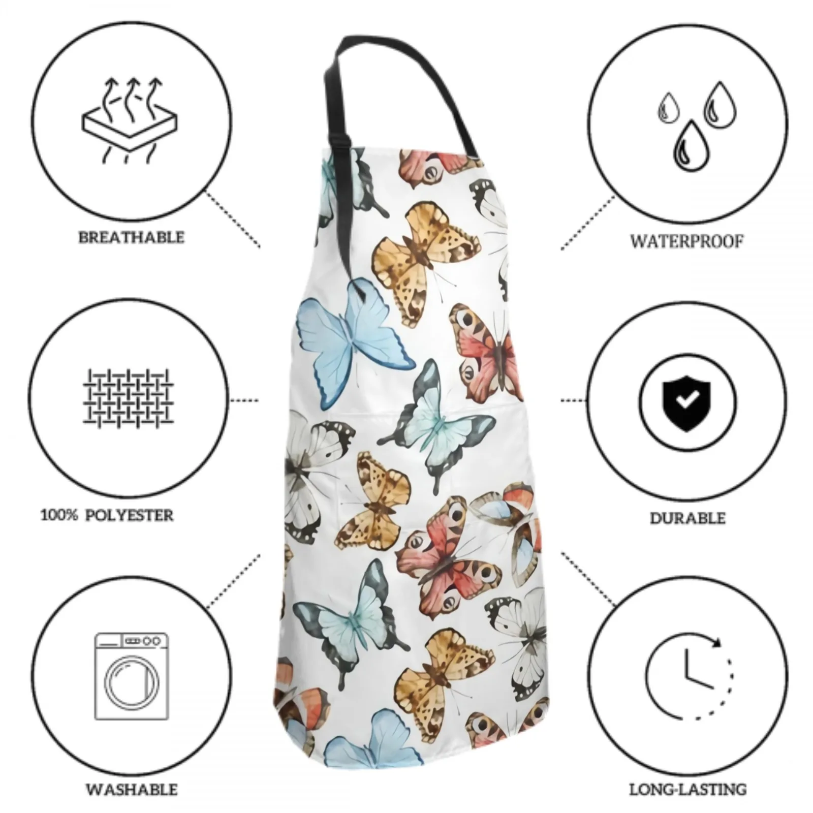 Colorful Butterfly Waterproof Apron with 2 Pockets Kitchen Chef Apron  Apron for Hair Brushing Cooking Baking Painting Gardening