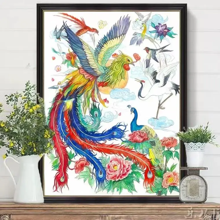 A handmade cross stitch finished product with beautiful scenery of birds facing the phoenix in 2024. New living room, bedroom