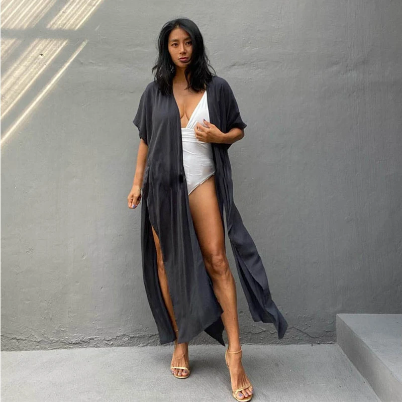 Para Praia Short Sleeve Kimono 2023 Beach Robe Maxi Long Dress Bikini Cover Ups Beachwear Sarong Women Loose Cardigan Covers