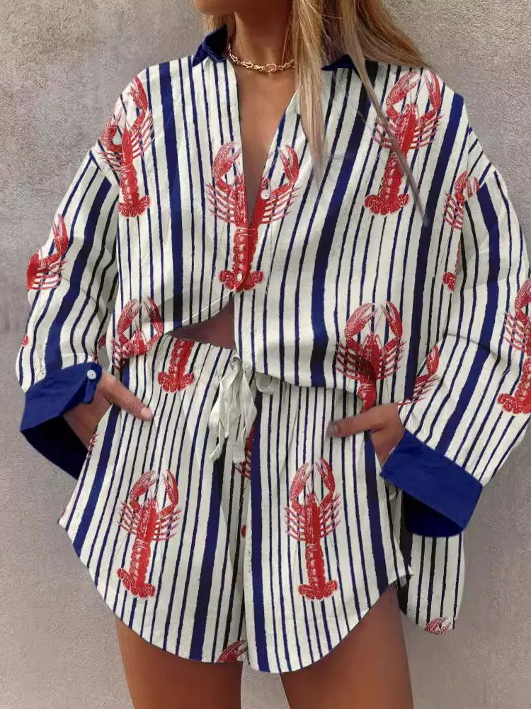 

Lady Casual Print 2 Piece Sets Fashion Boho Holiday Beach Womens Clothing Long Sleeve Shirts Tops+Shorts Set Women Summer New