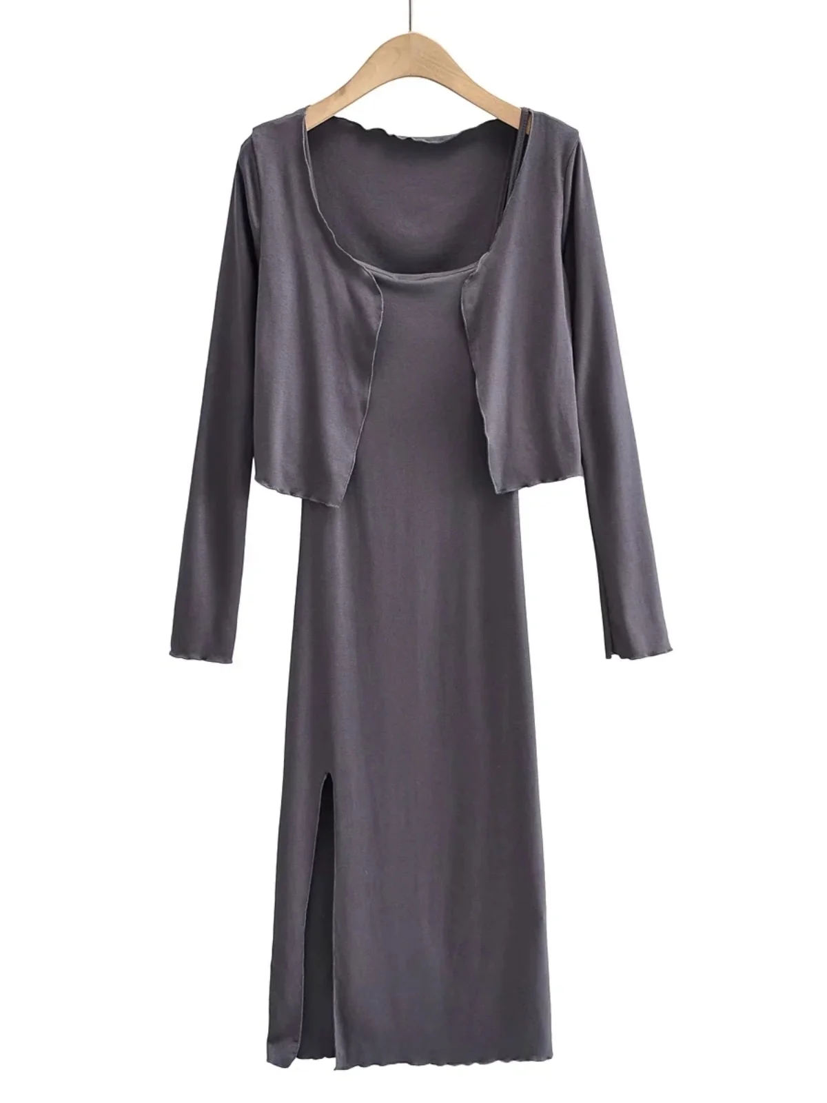 エレ・ロング・ドゥル ウールダー・アウル オープンカーディガン ツーピースセット セクシー エラスティック ウッド・エイン サイドスリット ストラップガウン