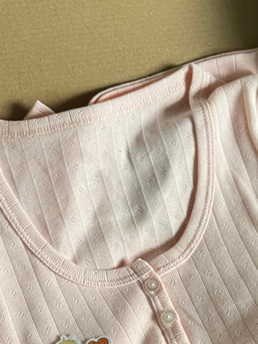 Hollow Out Pink Long Sleeve T-Shirt Summer Round Neck Buttons Cotton Slim Sexy Top for Woman Vintage Sweet Cute y2k Tops Chic