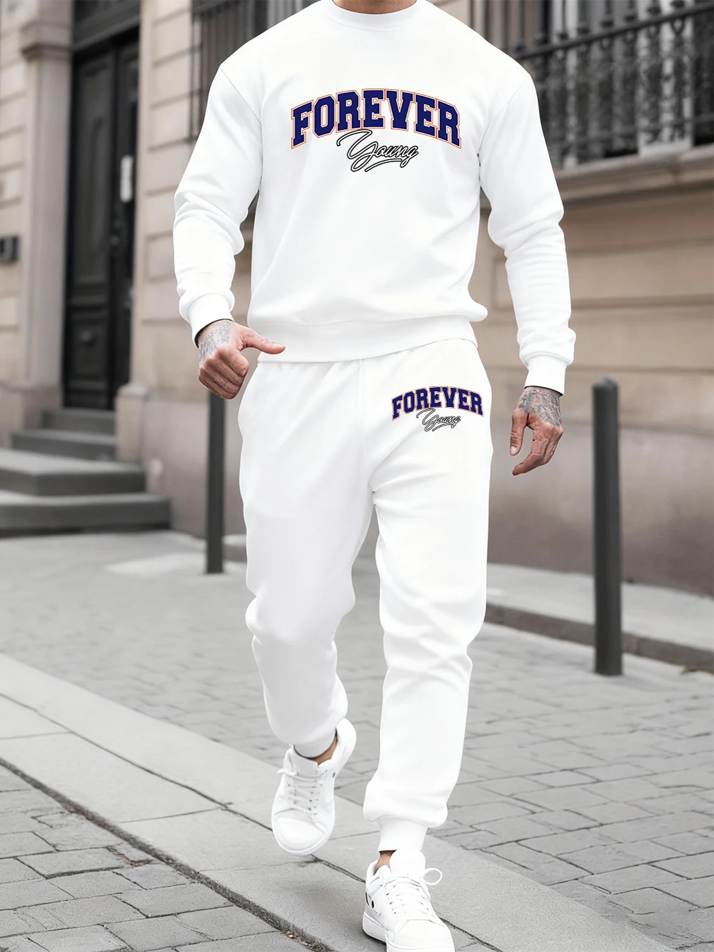 

Комплект толстовок из 2 предметов, мужские спортивные штаны с буквенным принтом Forever Young, зимние свободные штаны с круглым вырезом, спортивные штаны, спортивная флисовая одежда