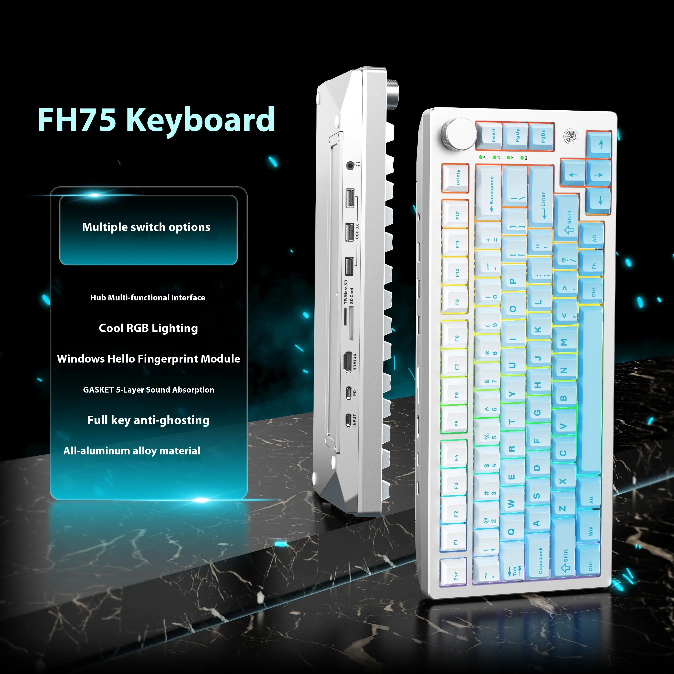 EXZX FH75 Mechanical Keyboard Wired Aluminium Alloy Keyboard RGB Customized HUB Support Windows Hello Fingerprint Recognition