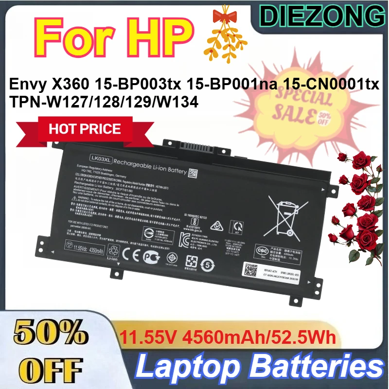 

Аккумулятор LK03XL 11.55V 4560mAh/52.5Wh для ноутбуков HP Envy X360 15-BP003tx, 15-BP001na, 15-CN0001tx, TPN-W127/128/129/W134