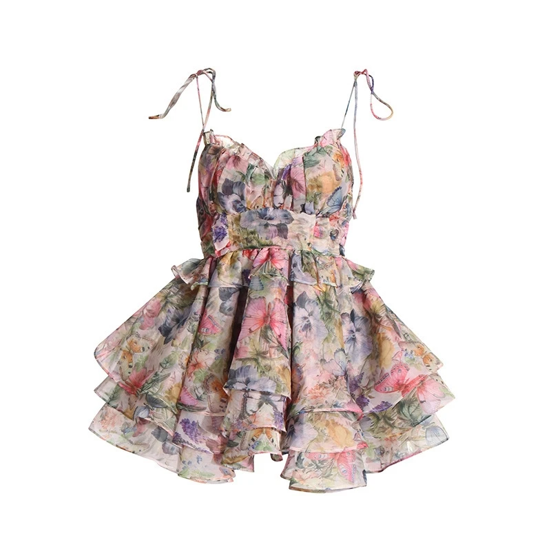 Vestido feminino chique com babados em camadas, estampa floral, sem mangas, renda, cintura alta, linha a, férias, verão, vestidos de festa femininos