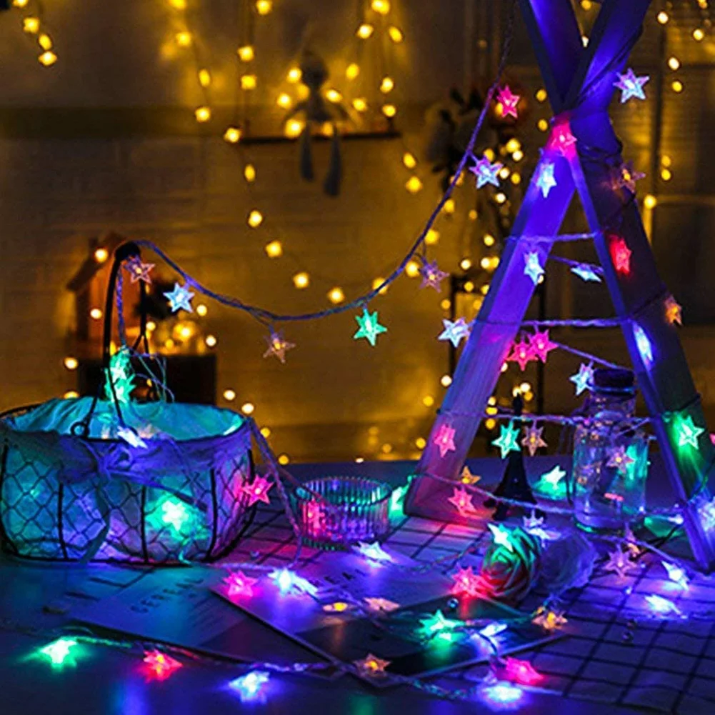 40 LED Star String Lights Curtain Fairy Garland Lamps for Festival Room Decor Christmas Tree Decoration Garden Yard Party Decor