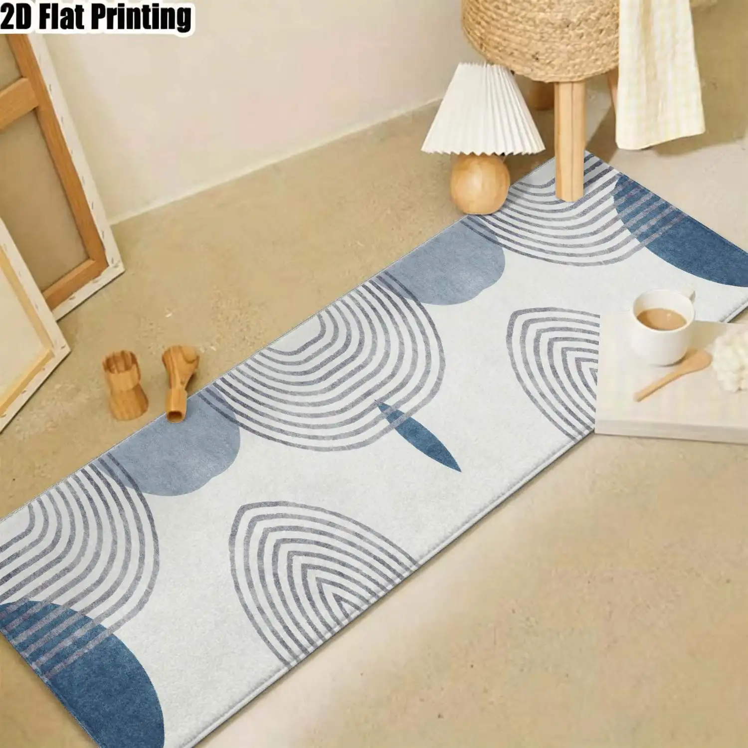 1Pc 2D Printed Long Strip Runner Carpet: Blue-Grey Geometric Line Pattern, Modern Minimalist/Nordic/Instagram Style, Machine Washable, Multi-Size, Home Decor for Entrance, Corridor, Living Room, Bedroom