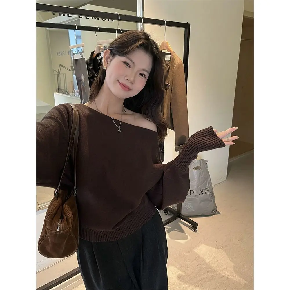 

Temperament Off-shoulder Long-sleeved Knitted Sweater Women Tees Solid Bottoming Top Ropa Mujer Pullover Basic Roupas Feminina