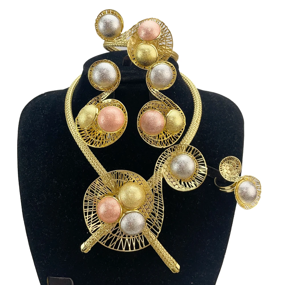 

Brazilian Gold Plated Jewelry Set Women Wedding Party Accessories Women Necklace Earring Bracelet Ring Full Jewelry Set FHK20797