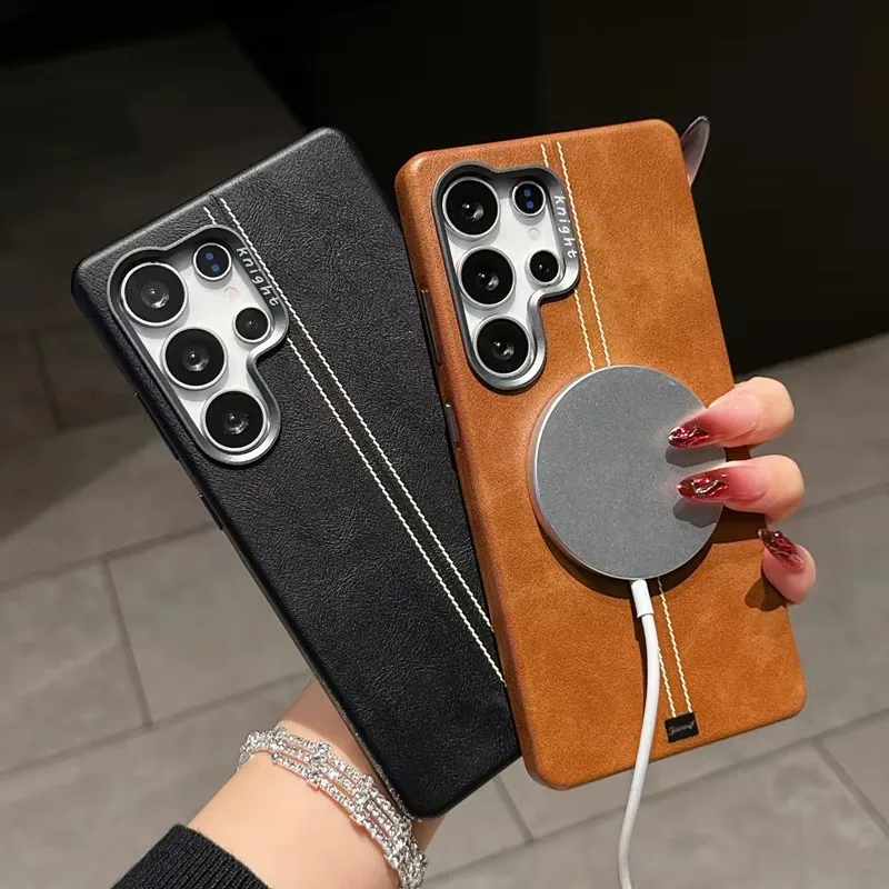 

For Samsung Galaxy S25 Ultra S24 S23 Trendy Wireless Charging Metal Lens Hard Cover Retro PU Leather Texture MagSafe Phone Case