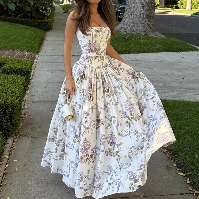 Floral Print Spaghetti Strap Maxi Dress Boned Slim Fit Corset Waist Open Back Pleated Flared Long Women Holiday Dress 260702