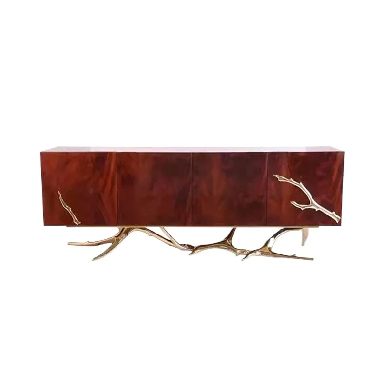 Light luxury living room home floor-to-ceiling solid wood TV cabinet, designer villa high-end pure copper