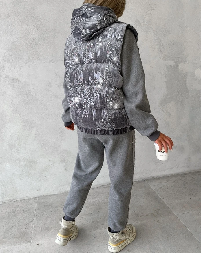 Ensemble sweat-shirt à capuche et pantalon à bretelles à paillettes bloquant les couleurs avec gilet bouffant perlé pour femmes, nouvelle collection automne et hiver