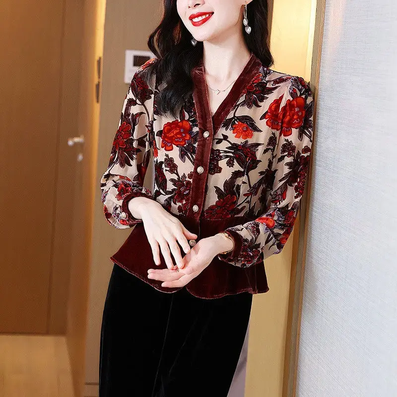 Vintage Sping Autumn Women\'s Clothing Printing V-Neck Patchwork Single Breasted Fashion Versatile Loose Long Sleeve Shirts Tops