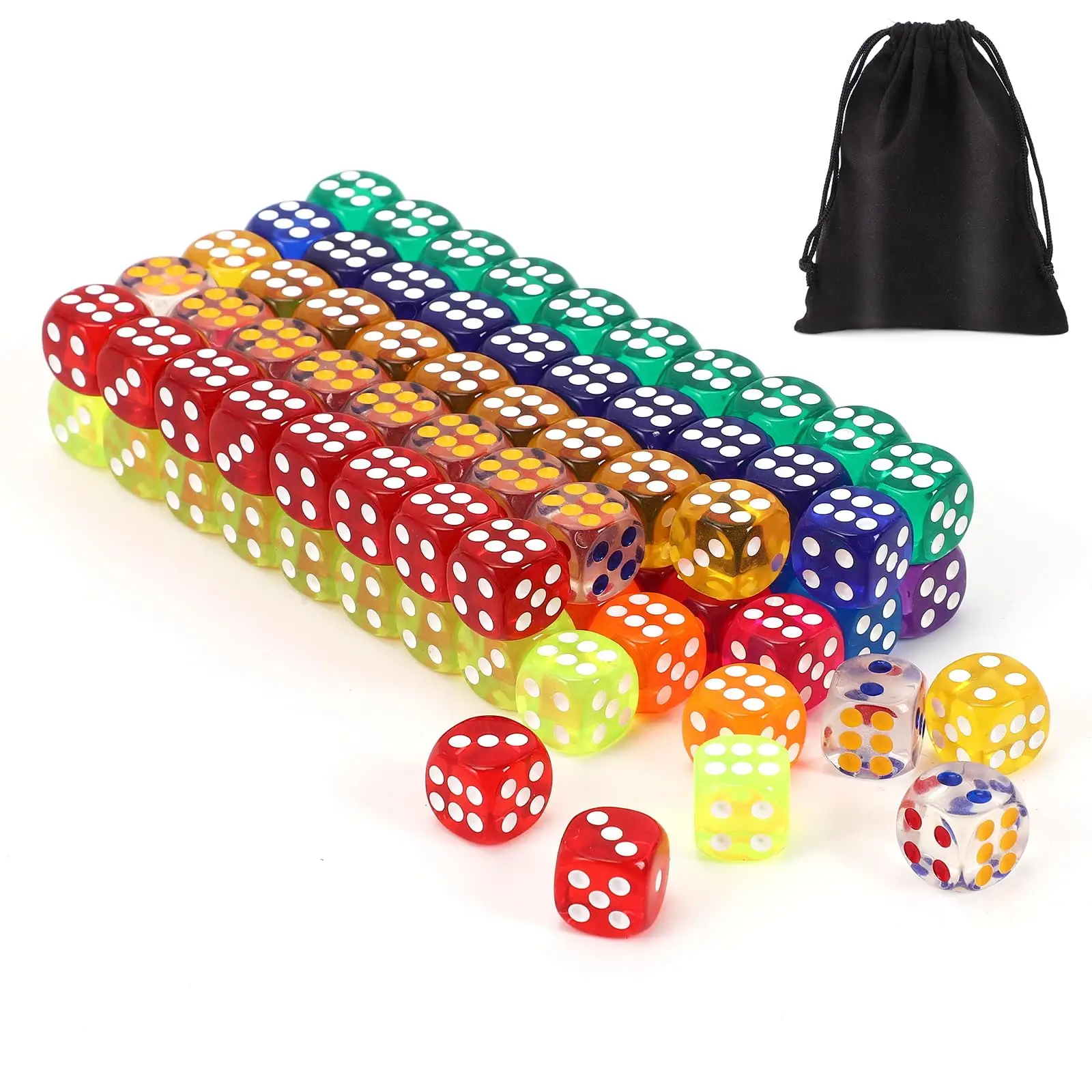 

100Pcs Colored Dice Set Standard 16mm Game Dice Bulk with a Black Drawstring Storage Bag, for Learning, Dice for Classroom