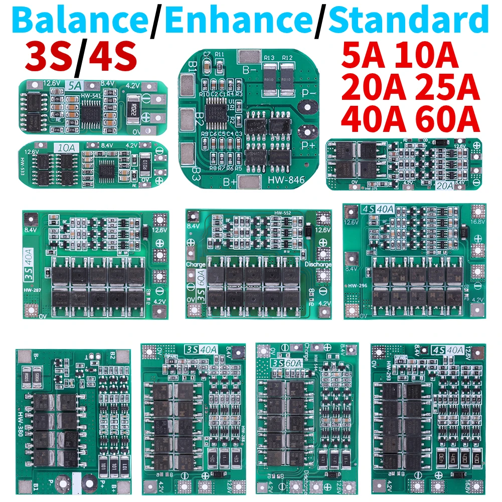 3S/4S 5-60A Li-ion Lithium Battery Charger Protection Board 18650 BMS  For Drill Motor 11.1V 12.6V/14.8V 16.8V Enhance/Balance