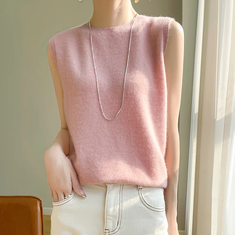 2024 Summer New Sleeveless Knitted Short sleeved Top Tank Women\'s 100% Pure Wool Sweater Round Neck Sleeveless T-shirt Pullover