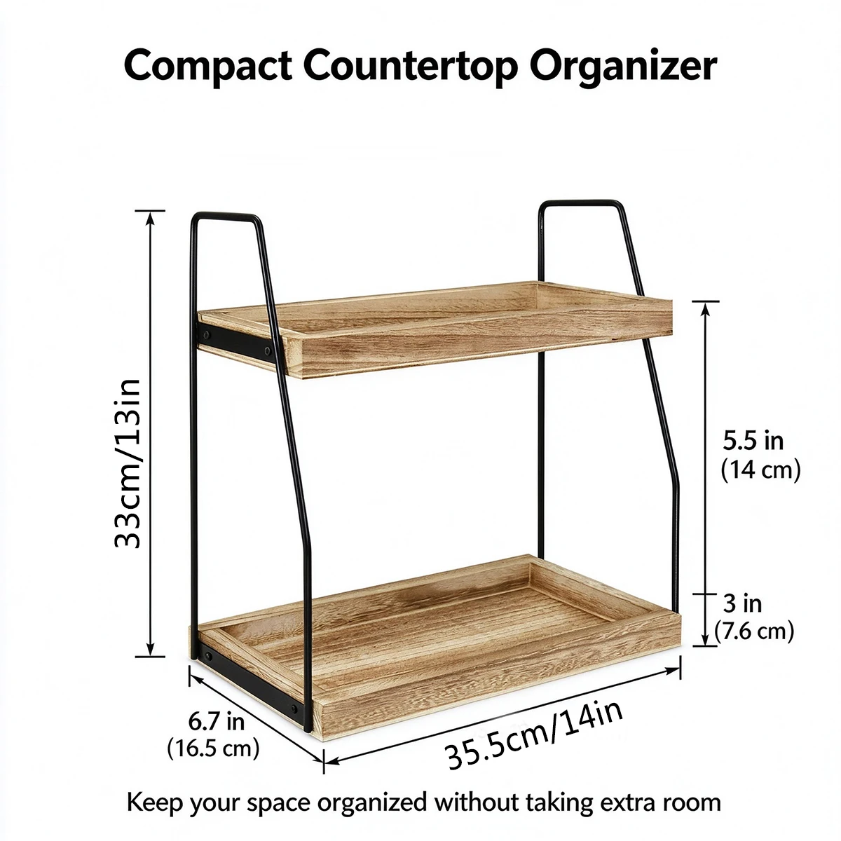 Wood Grain 2-Tier Countertop Organizer with Black Metal Frame, Multi-use Storage Shelf for Bathroom Vanity, Kitchen Counter Spic