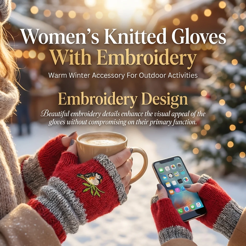 Knitted Gloves for Winter Outdoor Women's Embroidery Warm Handwear Soft Thermal Mittens Breathable Cozy Gift Accessories