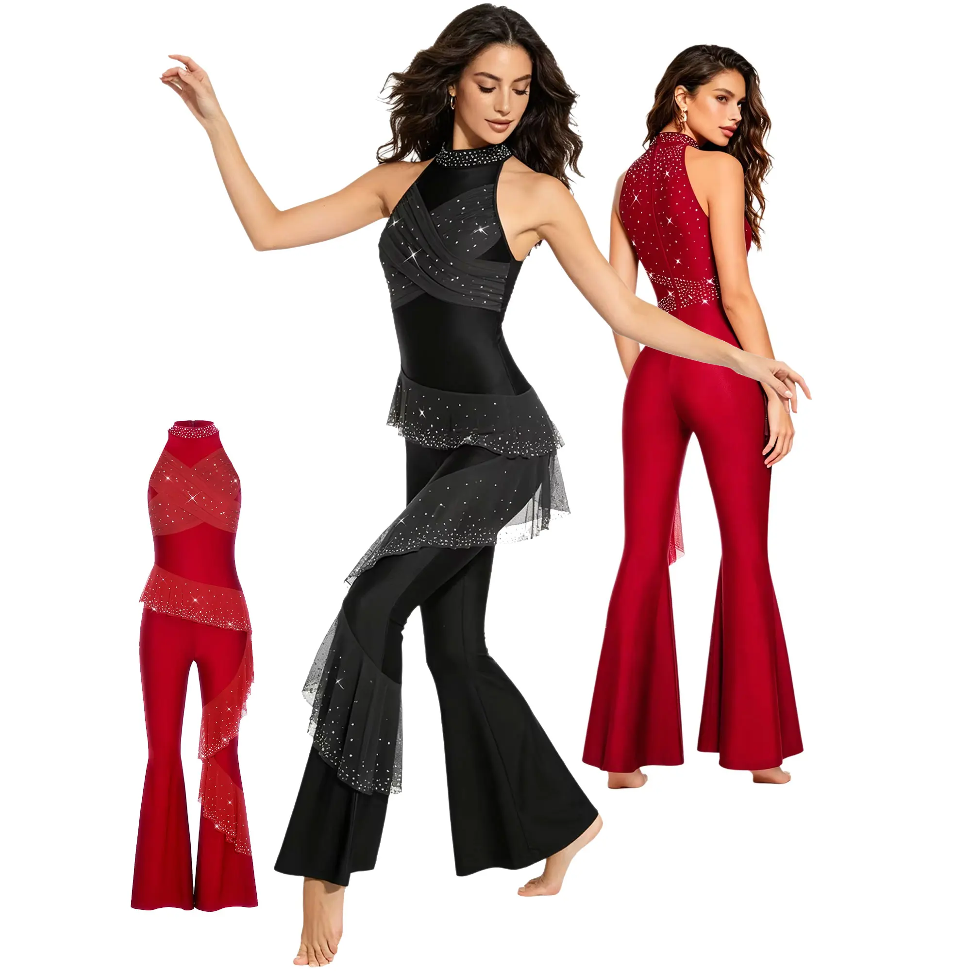 Traje de Danza Jazz Latino Tango para Mujer, Mono de Rumba Disco con Pedrería, Disfraz de Patinaje Artístico, Body sin Mangas con Malla y Volantes, Pantalón Acampanado