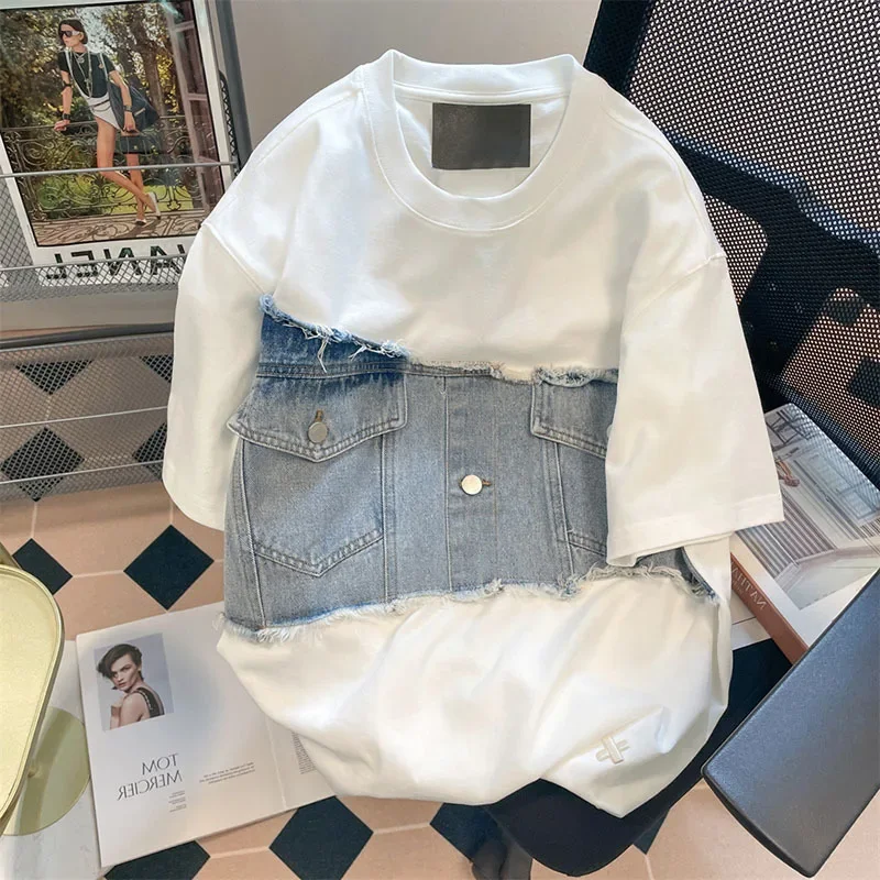 

Cowboy Patchwork T-Shirt Women Korean Summer New Arrival Personality Fashion Loose O-neck Short Sleeve T-Shirt V1504