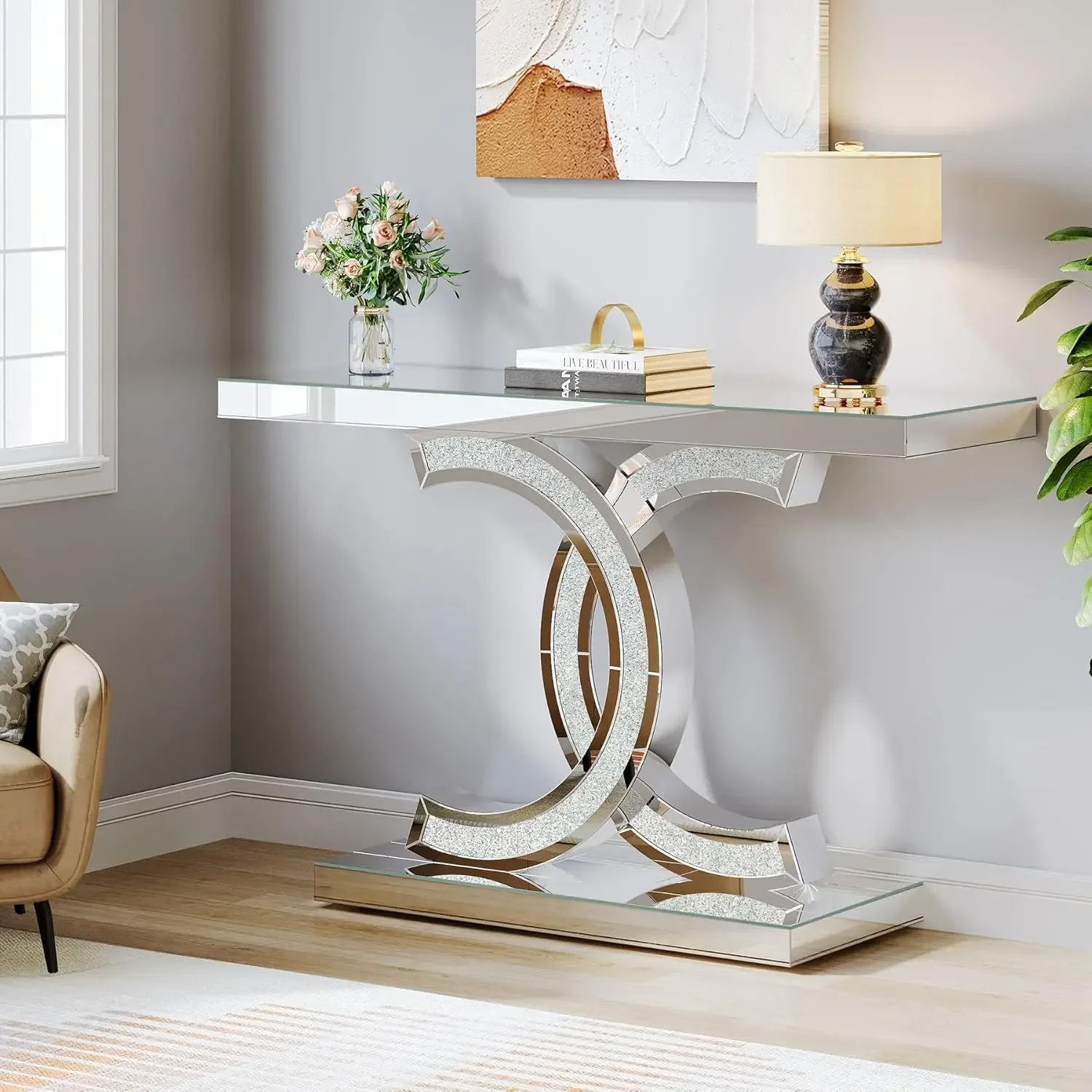 Mirrored Console Table, Modern Silver Entryway Table with Sparkling Crystal Inlays,  Mirror Finish for Entrance, Living Room