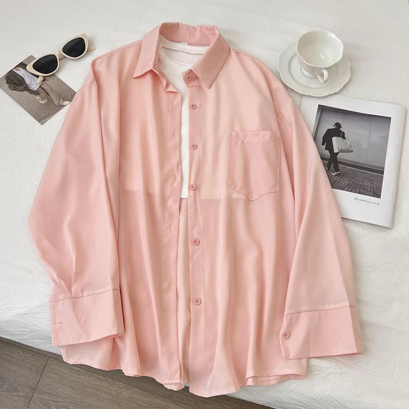 الصيف رقيقة الشيفون واقية من الشمس بلوزة المرأة الصيف فضفاضة طويلة الأكمام زر قمصان الكورية شيك كسول نمط التلبيب القمم جديد