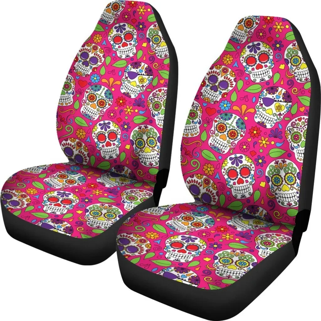 Sugar Skull Skeleton Girly Floral Pirate Pattern Print Seat Cover Car Seat Covers Set 2 Pc, Car Accessories Car Mats