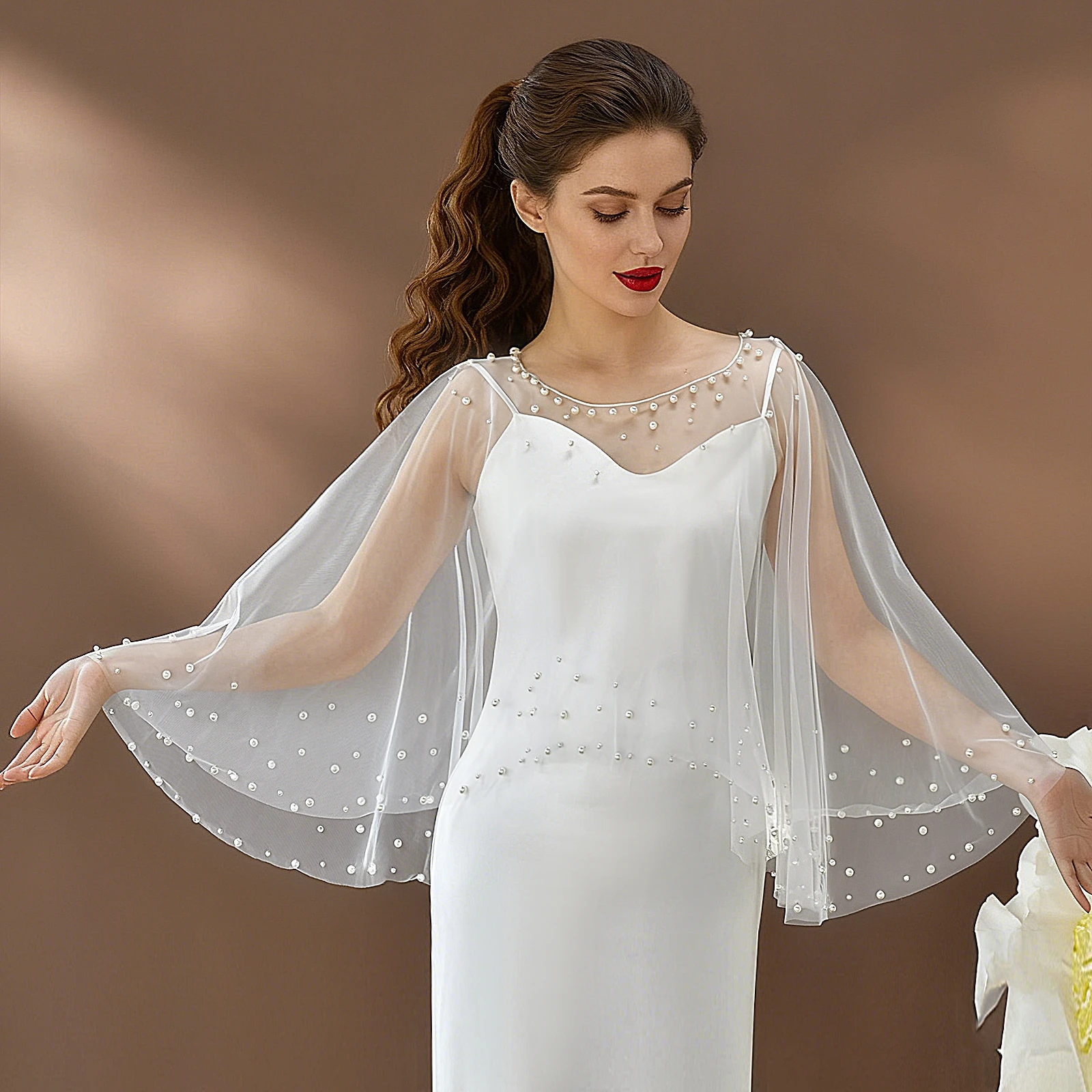 manzhen-ブライダルベール-ショルダーショール-パールラウンドネック-カバーアップアームズ-ホワイト-ウェディングドレス-ボヘミアンスタイル-ネット生地-オールシーズン対応