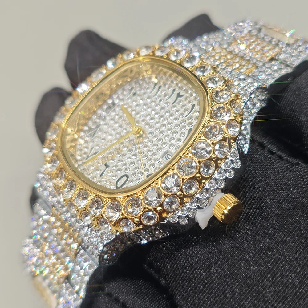 Jam Tangan Berlian Mewah Baru Laris 2025 Jam Tangan Kuarsa Persegi Es Keluar Bling Modis Pria Rap Hip Hop Jam Tangan Pria untuk Pesta