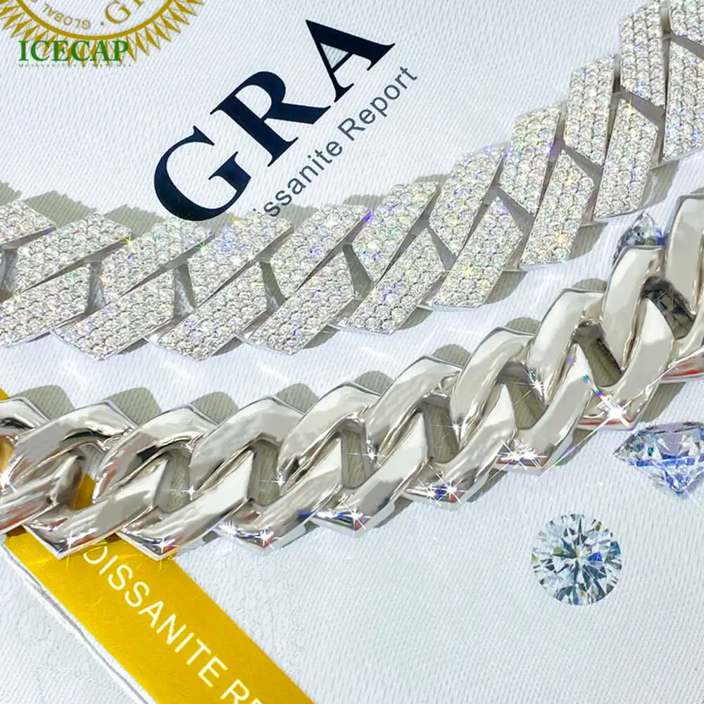 Luxury Dazzling Adorable Fully Iced Out Cuban Link Chain 18mm 3 Rows Moissanite Diamond Cuban Chain Necklace Hip Hop Style.