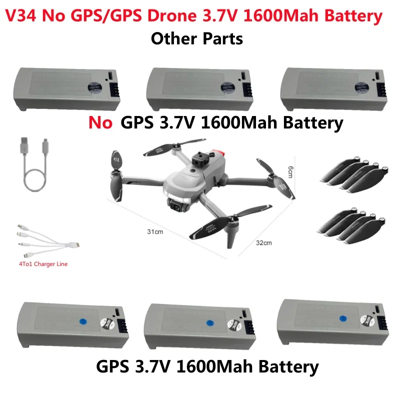 

V34 No GPS/GPS Remote Control RC Drone Spare Parts 3.7V 1600Mah Battery Propeller USB Line Spare Accessories for V34 RC Drone