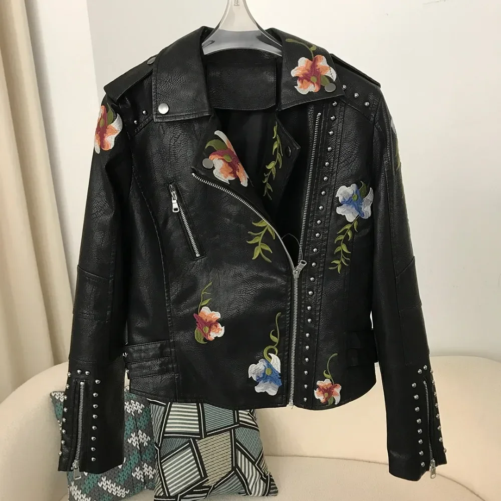 Biker Streetwear 2024 Spring biker jacket PU Leather Jackets Women\'s  Embroidered Rivet Coat Moto Zipper Overcoat Clothes