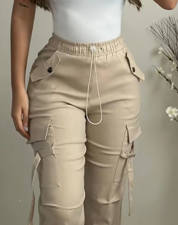 Damen-Cargohose 2025, Frühlingsmode, Straßentaschen-Design, Kordelzug, Bündchen, täglich, lässig, schlicht, lange Hose, vielseitig