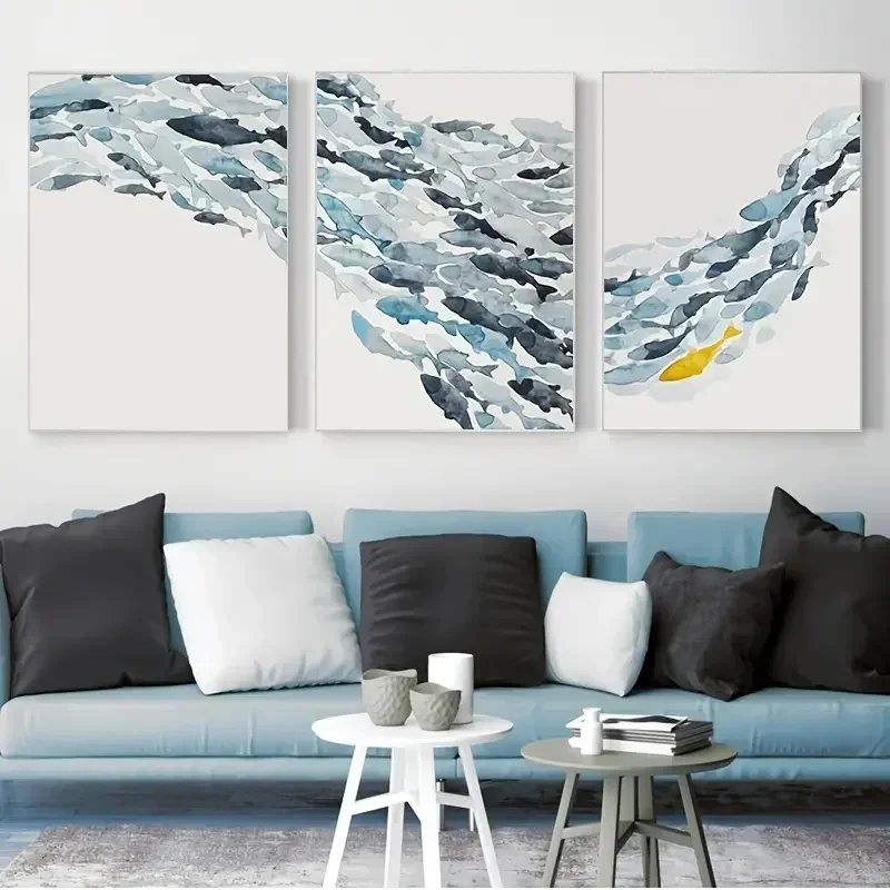 3PCS Watercolor Fish Group Wall Art Canvas Posters Golden Fish Blue Prints Canvas Paintings for Living Room Kitchen Frameless
