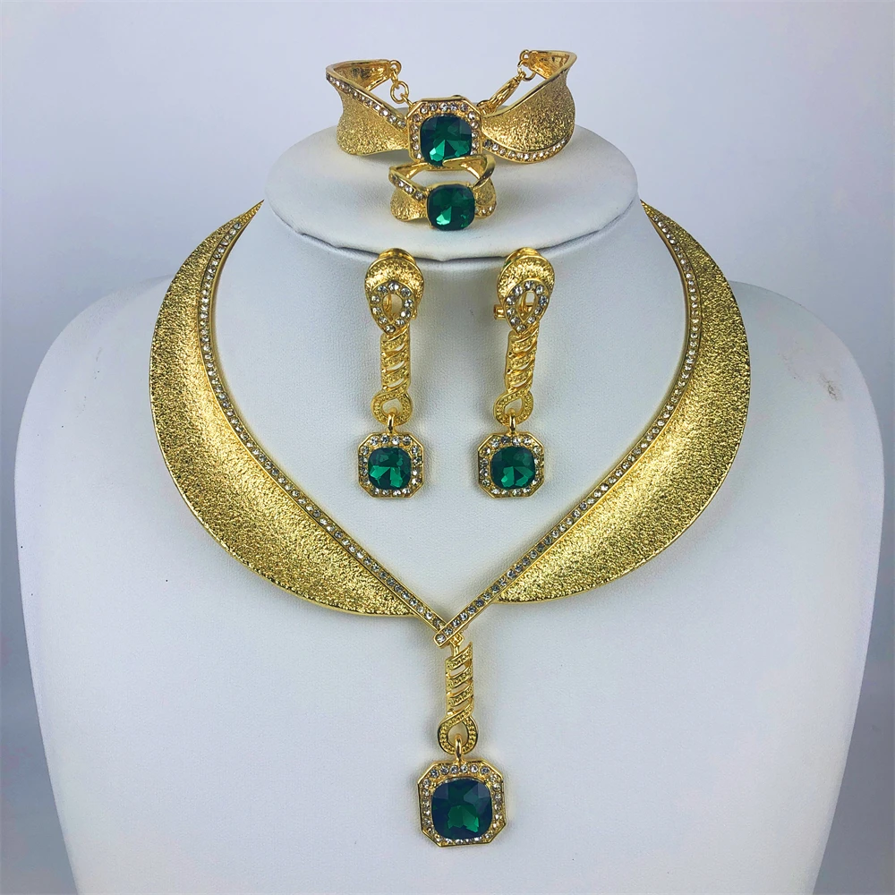 ESALE Two Tone Jewelry Set Gold Plated Big Pendant Necklace Bracelet Water Drop Earring Ring For Women Wedding Gifts 2025 New
