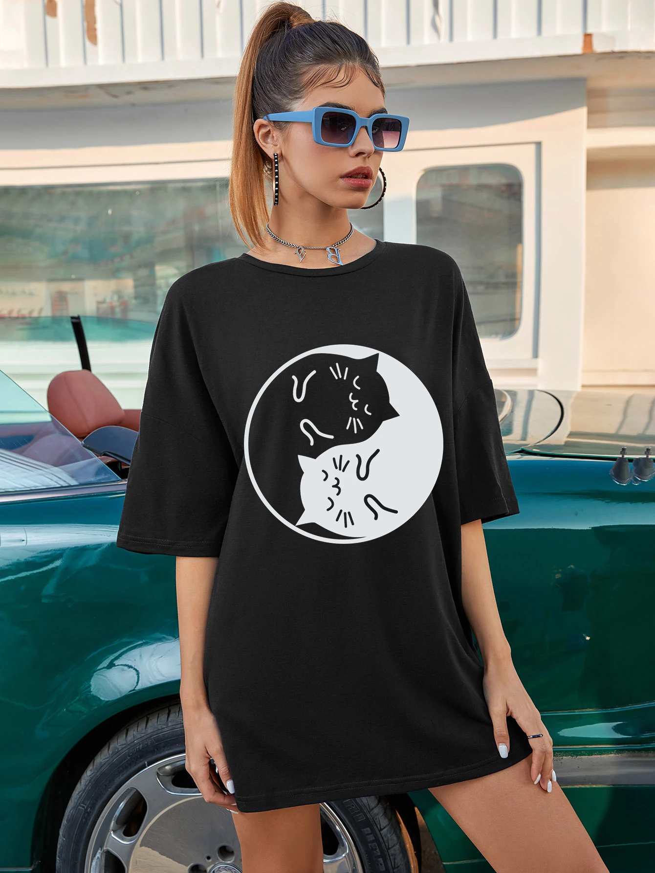 yin yang cat oversized tshirt funny women graphic tee shirt