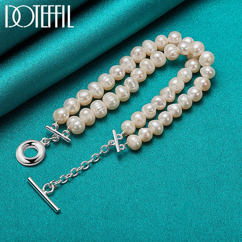 DOTEFFIL Armband aus 925er-Sterlingsilber mit doppelter künstlicher Süßwasserperle, Kette, für Damen und Herren, Hochzeit, Verlobung, Party, Schmuck