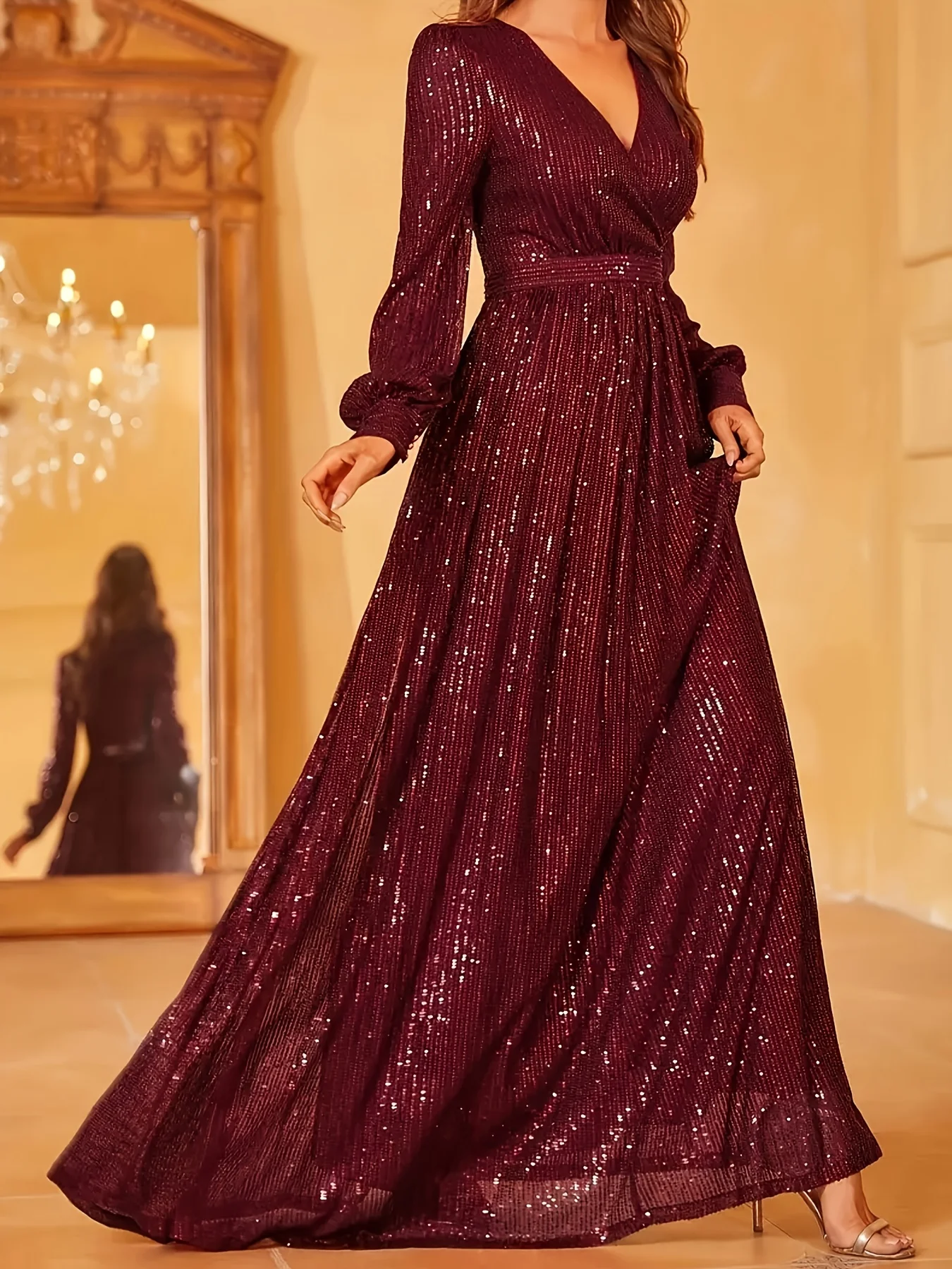 Elegant Long-Sleeve Floor-Length Evening Gown for Women - Perfect for Hosting, Weddings & Parties