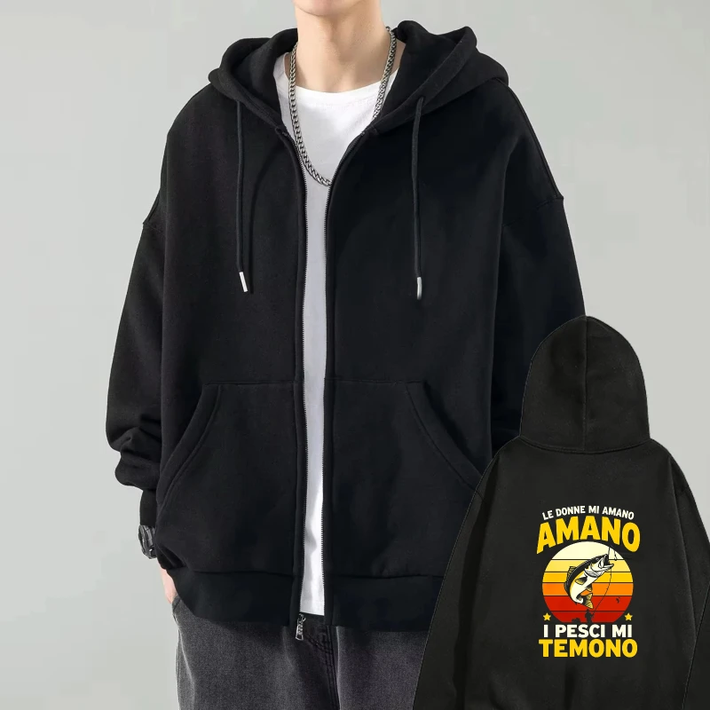 

Mens Hooded Jacket Black Fishing Fish Print I Pesci Mi Temono Text Design Casual Outdoor Sportswear for Men