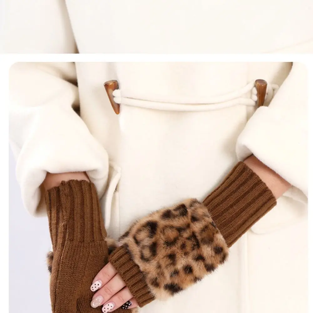 Soft Faux Fingerless Mittens Winter Leopard Print Plush Gloves Warm Fashion Hand Warmers For Women Outdoor Cycling