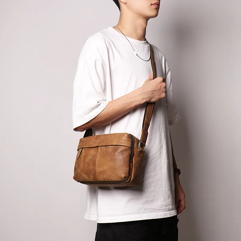 Retro and fashionable men's square cowhide single-shoulder bag and women's genuine leather crossbody bag