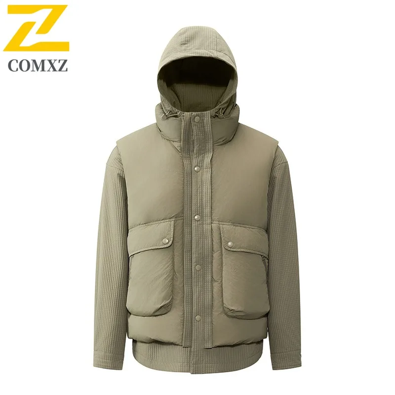 

COMXZ Mens Puffer Jacket Duck Down 3 in 1 Hooded Shirt Vest Men Warm Filler Down Outdoor Mountaineering Lightweight Winter Coat
