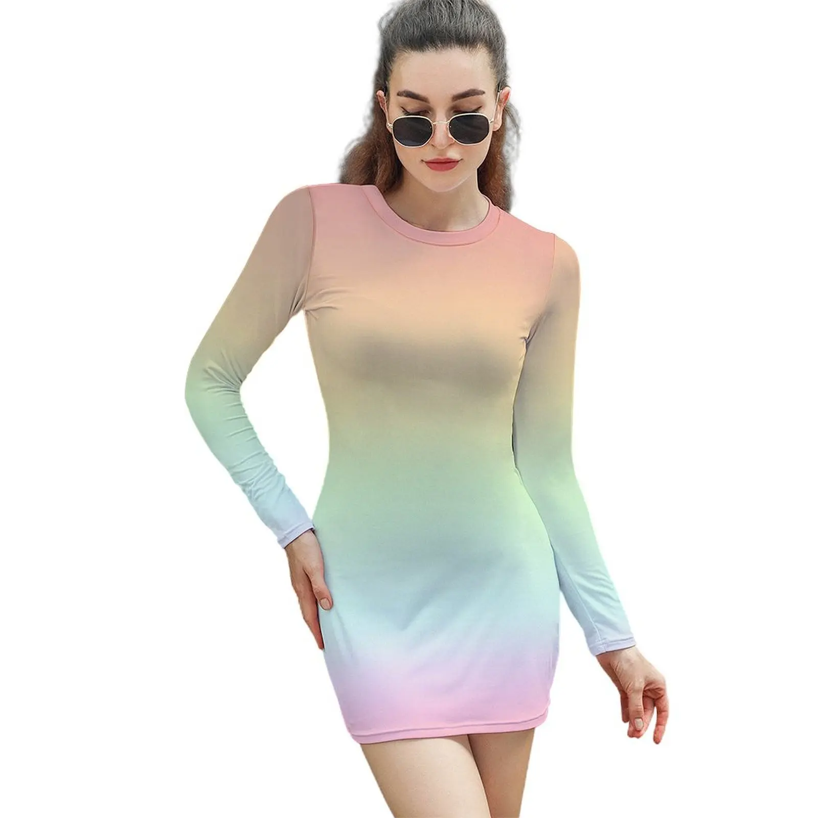 

Pastel Rainbow Gradient Long-Sleeved Sheath Dress women's evening dress 2024 women's summer dresses 2024