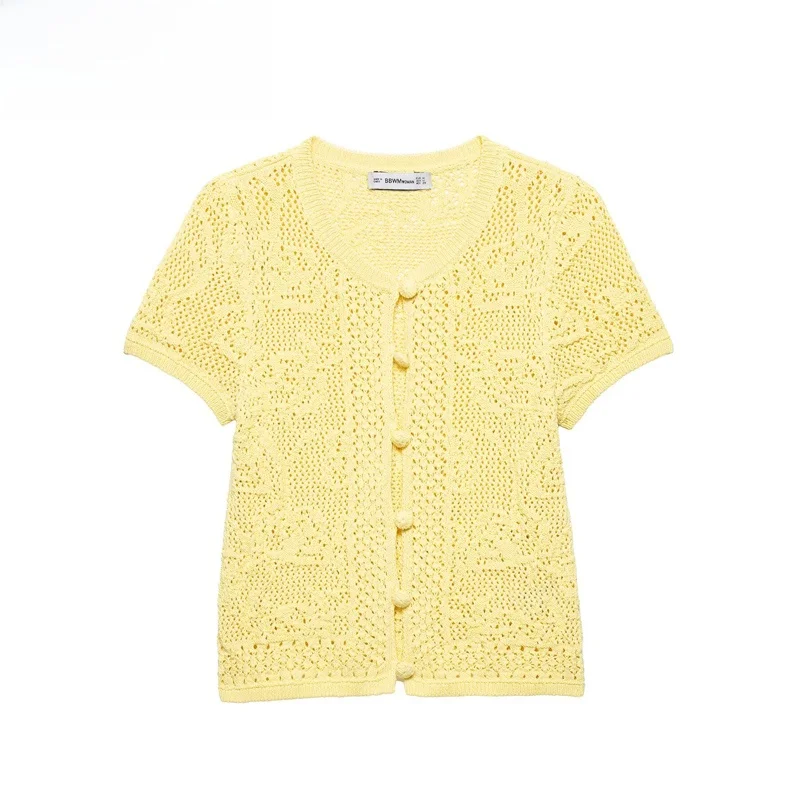 

ZBZR Spring New Women's Knitted Hook Casual round Ne ort Sve Top Polyester Fiber Regular Sve Length V-ne