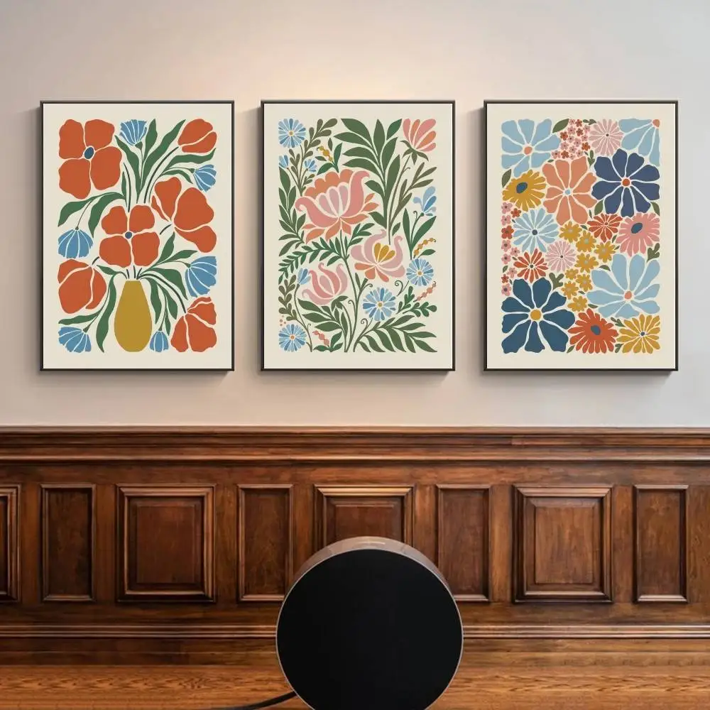 Neutral Cream Background Retro Flat Floral Wall Art Prints Multi Color Block Wild Bloom Botanical Posters for Boho Home Decor
