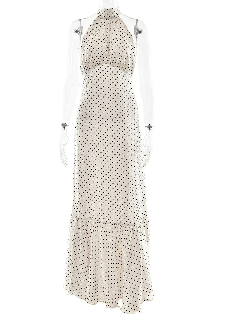 セクシーな背中の開いたプリント水玉ホルター女性マキシドレスサテンレースアップドレス夏スキニーエレガントパーティーイブニングドレス