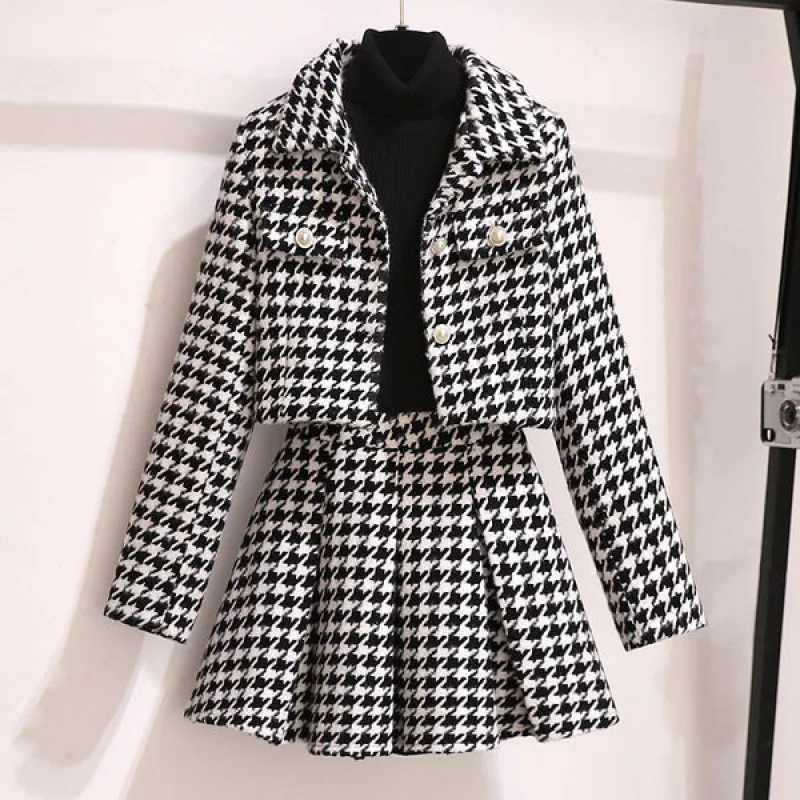 

Retro Plaid Tweed Two Piece Set Women Small Fragrant Wind Suit Cropped Jacket+Mini Pleated Skirt Chic Thousand Bird Grid Outfits