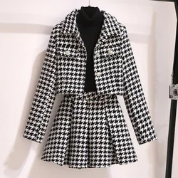 Retro Plaid Tweed Two Piece Set Women Small Fragrant Wind Suit Cropped Jacket+Mini Pleated Skirt Chic Thousand Bird Grid Outfits